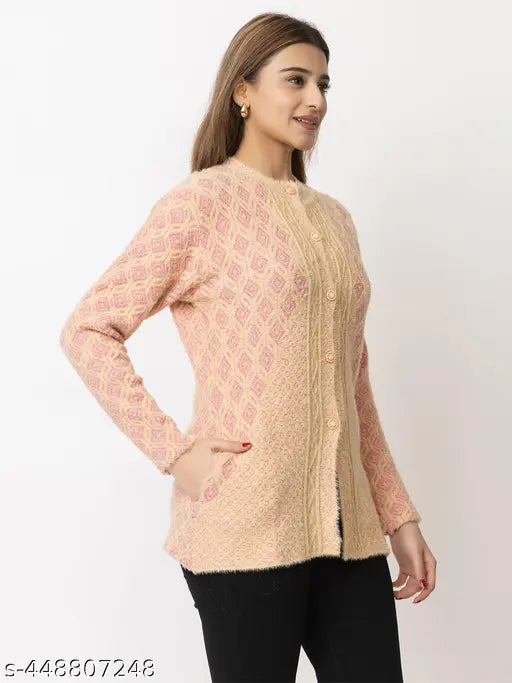 Polyester women's round neck sweater, self-design embroidered, winter wear for stylish warmth