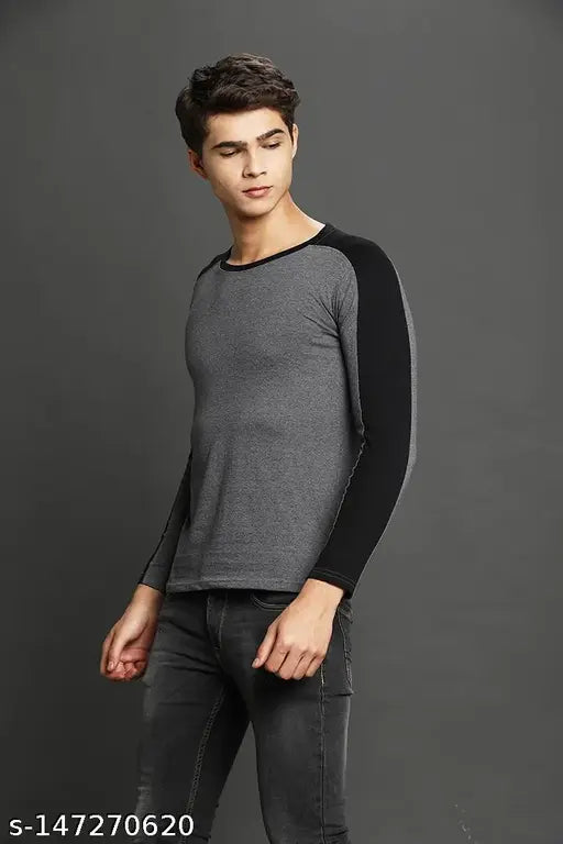 Blue cotton-blend long sleeved SKITTZZ Colourblock men's t-shirt, solid pattern in multiple sizes