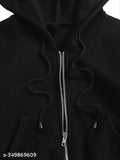 Black fleece cropped zip-up hoodie, solid color, lightweight for dailywear