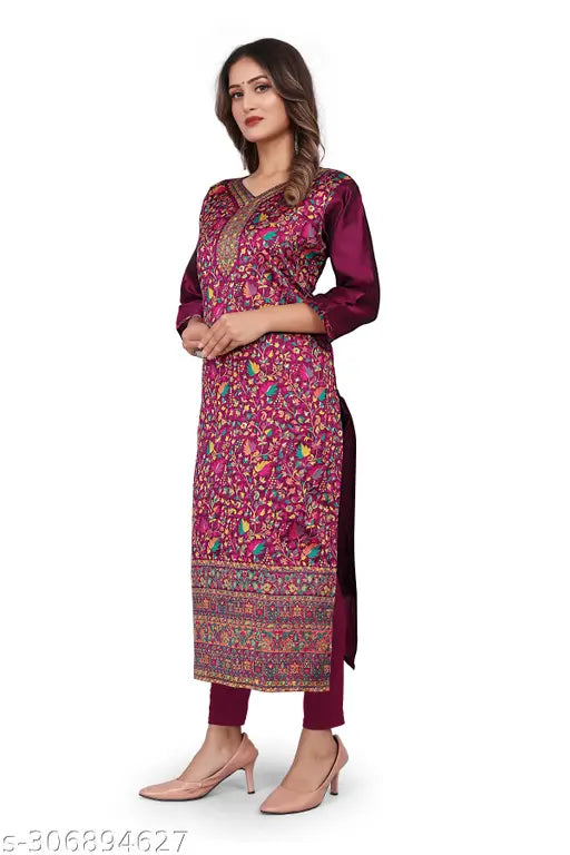 Purple embroidered floral print Pashmina straight kurta, three-quarter sleeves, Zari woven. Indian-made pashmina kurtis for women, Raksha Bandhan gift