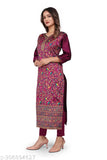 Purple embroidered floral print Pashmina straight kurta, three-quarter sleeves, Zari woven. Indian-made pashmina kurtis for women, Raksha Bandhan gift