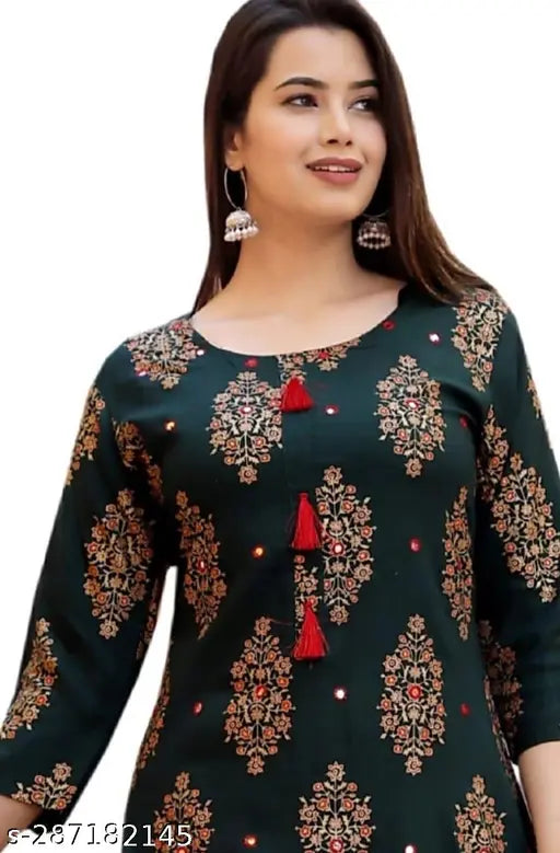 Rayon printed kurti and sharara set, three-quarter sleeves, Indian mirror work design, pack of 2 sizes M-XXXL