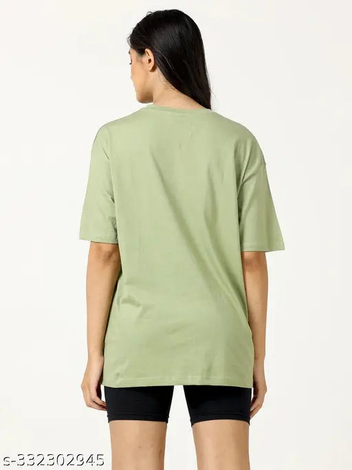 Oversized cotton tee in pista color for plus size women and girls, loose fit with finky print
