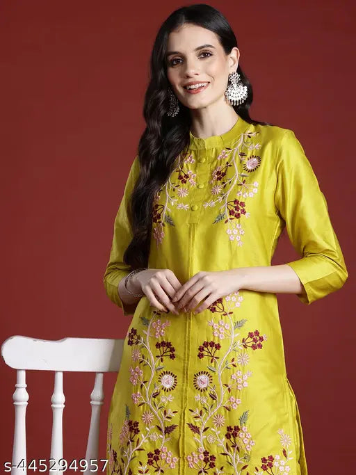 Lemon yellow cotton blend embroidered tunic & trouser coord set, three-quarter sleeves, size S-XXL, Indian handcrafted apparel