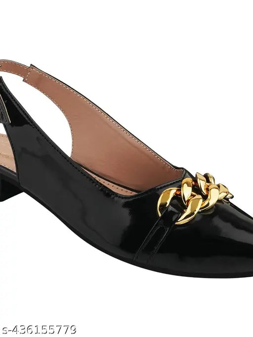 Black patent leather flat belly shoes for girls - Solid pattern, buckle fastening and net back detail