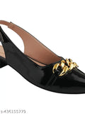 Black patent leather flat belly shoes for girls - Solid pattern, buckle fastening and net back detail
