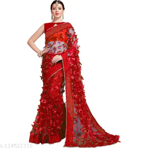 Red and gold embroidered Bollywood net saree with separate brocade blouse, India origin