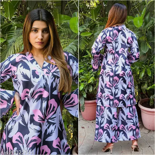 Printed polyester chikankari kurti with palazzos, women's casual wear set in multiple colors