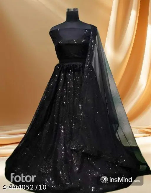Black semi-stitched Western Wear Lehenga Choli Dupatta Set - Embellished, net fabric, perfect for party wear and women's fashion events