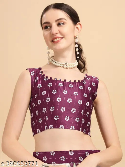 Purple satin digital print crush designer lehenga choli with floral top, chevron dupatta, and tie & dye detail. Free size (Lehenga waist: 42in, length: 44in; Dupatta length: 2.2in). Indian-made designer wear