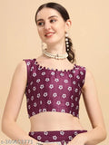Purple satin digital print crush designer lehenga choli with floral top, chevron dupatta, and tie & dye detail. Free size (Lehenga waist: 42in, length: 44in; Dupatta length: 2.2in). Indian-made designer wear