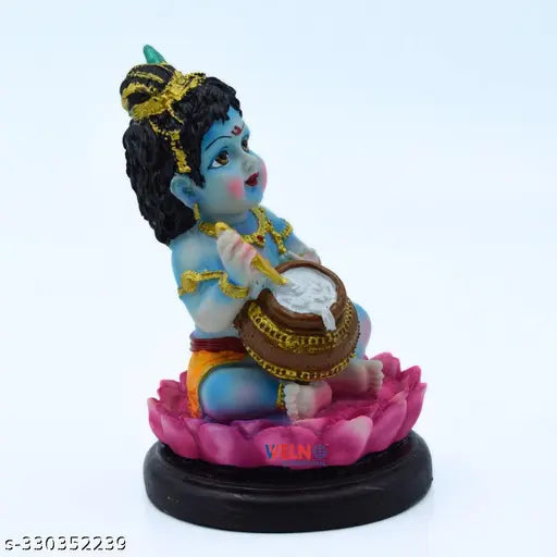 Hand-painted Polystyrene resin Krishna statue, "Big Maakhan Chor" with flute, Indian artisan craftsmanship and waterproof finish