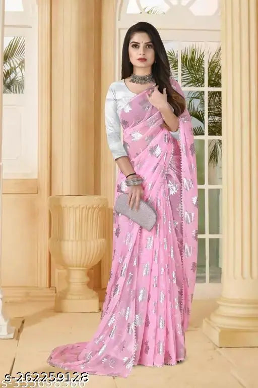 Bollywood pink leaf Georgette saree with embellished silver blouse, free size, India-made daily wear