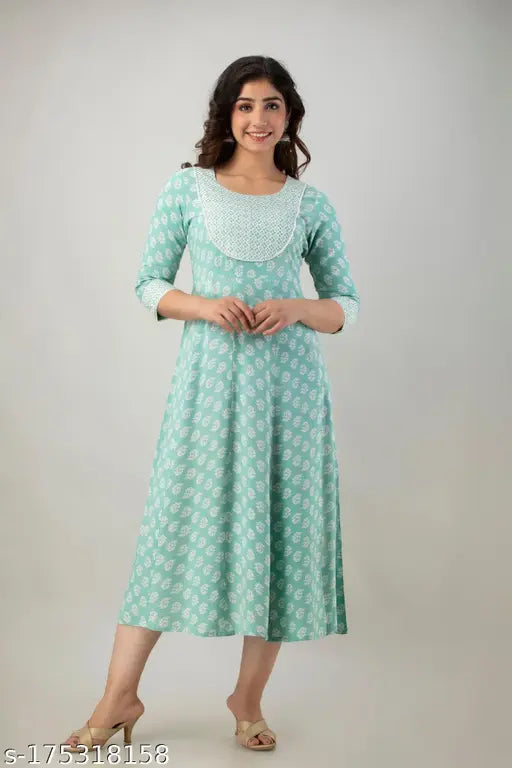 Rayon lace flared kurta in printed combo, DIPANI Women's size 36M38L40XL42XXL443XL464XL485XL50