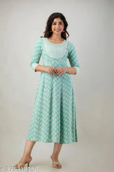 Rayon lace flared kurta in printed combo, DIPANI Women's size 36M38L40XL42XXL443XL464XL485XL50