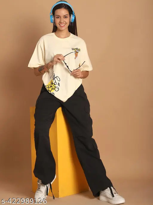 Graphic printed cotton loose casual wear oversize t-shirt, short sleeves, colorful print design, women's XL size, perfect for daily wear or college, made in India