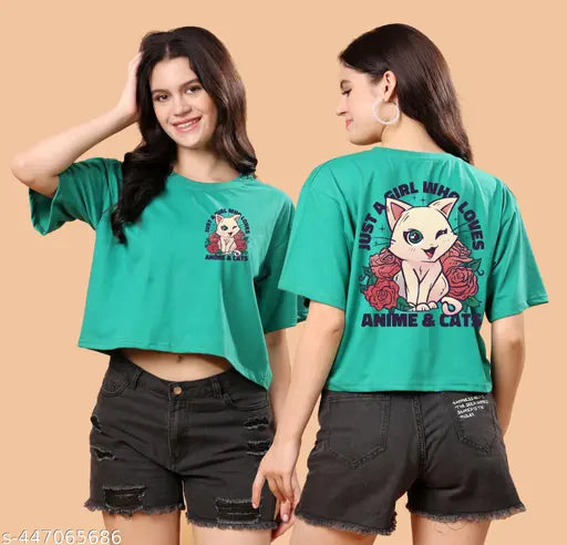 Oversized anime printed cotton crop top - women's/girls size L