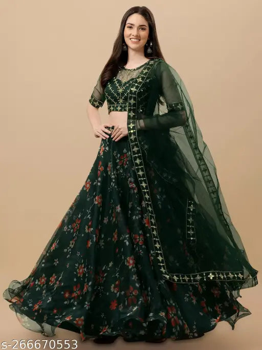 Embroidered floral net lehenga set with choli and lace dupatta, semi-stitched or free size, Indian origin