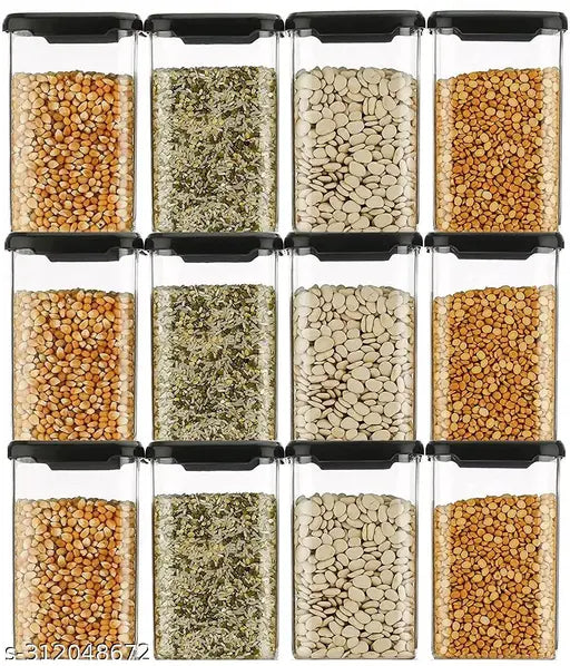 High quality black plastic kitchen containers, unbreakable and airtight, square shape with 1100ml capacity, pack of 12 for food storage