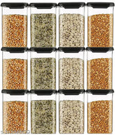 High quality black plastic kitchen containers, unbreakable and airtight, square shape with 1100ml capacity, pack of 12 for food storage