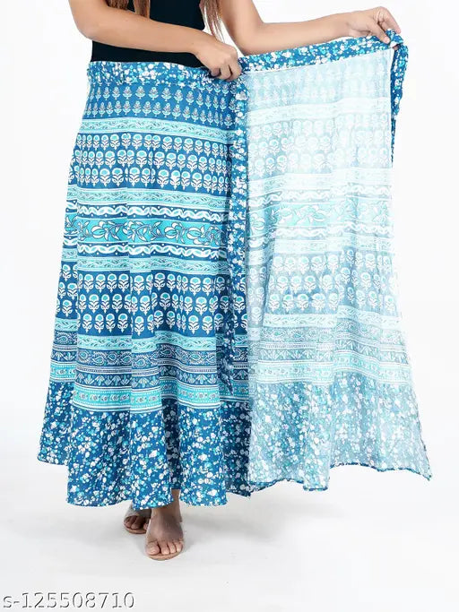 Blue cotton printed wrap-around high-rise A-line skirt for women, suitable for casual or semi-formal occasions. Made from soft and breathable fabric, available in multiple sizes including 28, 30, 32, 34, 36, 38, 40, and free size. Origin: India