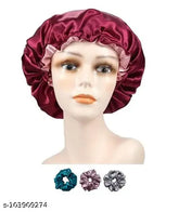 Synthetic satin bonnet cap (Burgundy), adjustable and reusable with 3 free scrunchies for hair care, Made in India