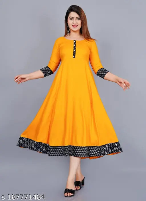 Unique women's solid print rayon round pleated flared kurti (mustard), 3/4 sleeve, hand wash/machine wash, casual & formal occasion, size XS-XXXL