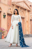 Premium designer cotton cambric Anarkali gown with embroidered net, sequins, and tassels in XL size, length 51-52 inches, from India