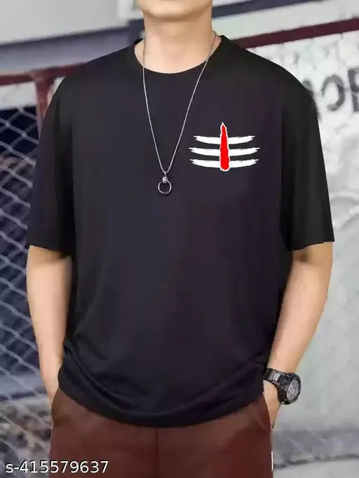 Black polyester t-shirt with Mahakaal pocket logo print, men's short sleeves, size S (36in chest, 26in length)
