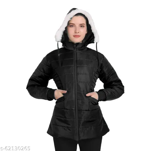 Black polyester long-sleeve women's jacket, solid design from Young Threads Collection