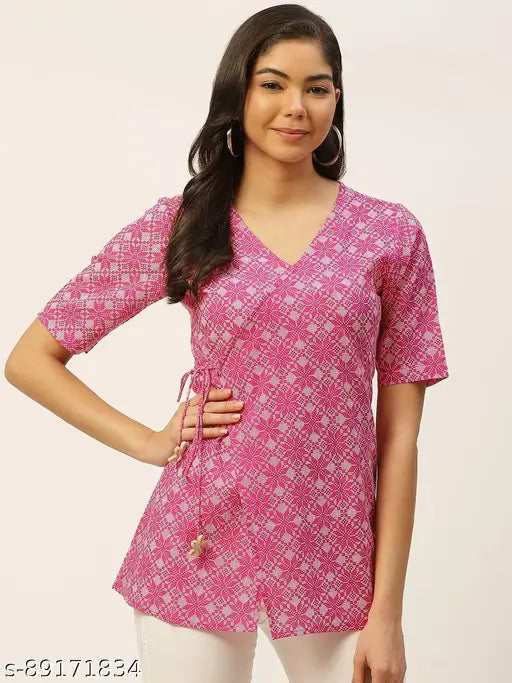 Pink cotton Japer Kurtti geometric print V-neck wrap top, half sleeve, women's western wear