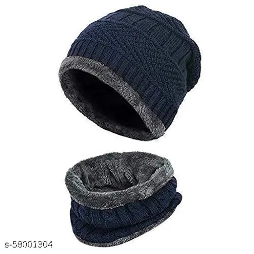 Blue wool winter beanie set with neck scarf, ideal for men & women's cold weather protection