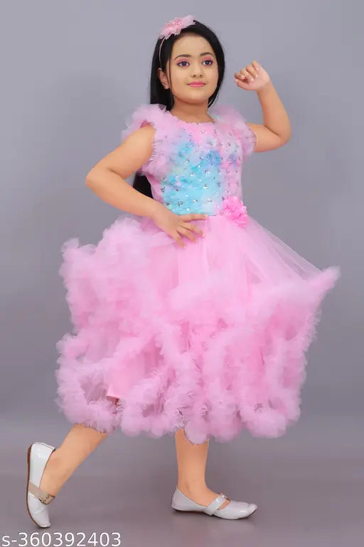 Pink embellished net baby girl dress, whimsical pleated design with soft fur detailing, perfect for birthday parties or special occasions, 2-13 years, Indian origin
