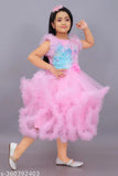 Pink embellished net baby girl dress, whimsical pleated design with soft fur detailing, perfect for birthday parties or special occasions, 2-13 years, Indian origin