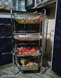 Stainless steel 4-shelf fruit & vegetable basket trolley with 360 rotational wheels, 12mm thickness, 34x14x12 dimensions for kitchen storage solution