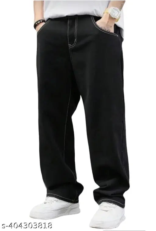 Denim baggy pants - black with white lining, loose fit, high-quality fabric, size 28/30, made in India