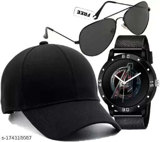 Black combo: Adjustable baseball cap, sunglasses, analog watch for men and boys - Solid cotton design from India