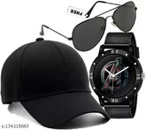 Black combo: Adjustable baseball cap, sunglasses, and watch for men & boys - Solid black cotton, Diwili gift offer, India origin