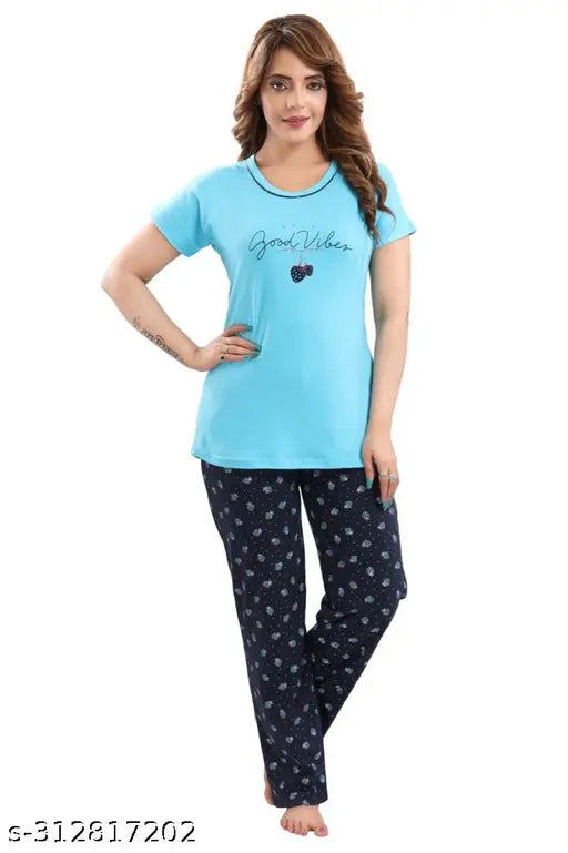 Skyblue hosiery cotton printed half sleeve T-shirt & pants set for ladies' sleepwear