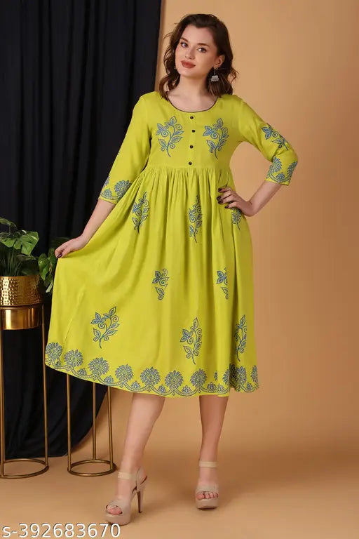 Rayon printed Anarkali gown, vibrant floral pattern, calf length, 3/4 sleeve, suitable for women & girls