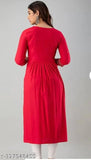 Rayon embroidered Naira cut red kurta with three-quarter sleeves, Indian women's traditional attire for festivals and events