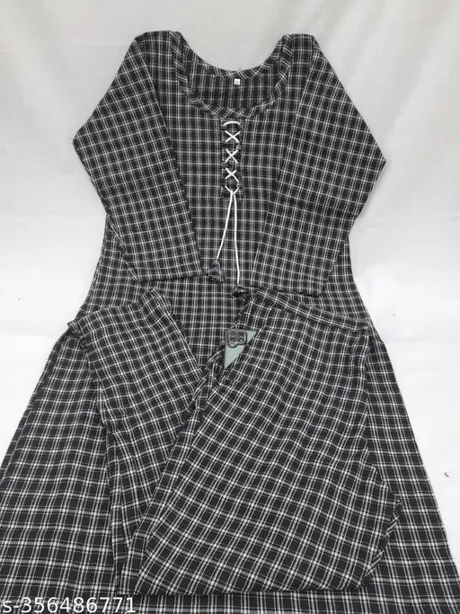 Black woolen kurti pant set, three-quarter sleeves, checked pattern, pocket in pants, dori design - Indian winter fashion