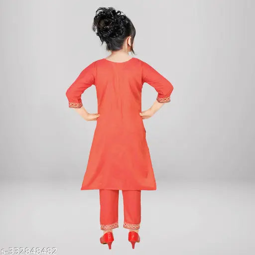 Girls embroidered rayon kurta and trousers set, three-quarter sleeves, A-line style, sizes 4-5 years to 15-16 years, Indian craftsmanship