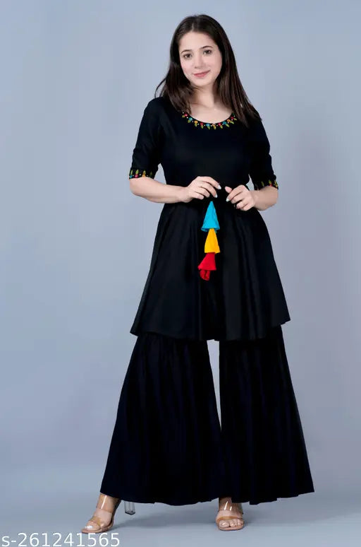 Black mirror Rayon kurta & Sharara set, intricate embroidery and mirror work, solid net pattern, Indian craftsmanship, women's formal wear, XS-XXL sizes available