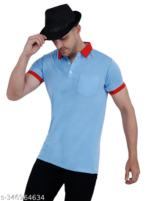 Sky blue cotton blend men's slim fit half sleeve t-shirt with contrast collar & pocket, multi color combo - pack of 2 (M-XXL)