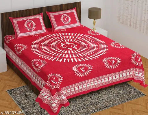 Jaipuri cotton double bedsheet combo pack, 2 bedsheets & 4 pillow covers, tribal pattern, summer-ready, fine quality, ideal for adults, made in India (160 thread count, double queen size)