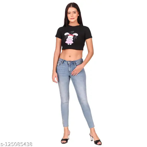 Cute doll printed cotton crop top tshirt for women, trendy and comfortable, perfect for daily use