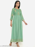 Green Rayon Printed Anarkali Kurta by INDIANIC, 3/4 sleeves, embroidered pattern, suitable for parties and casual occasions