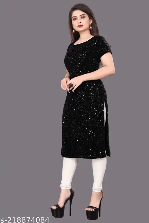 Embellished velvet short-sleeve kurti in S, M, L, XL, Indian handcrafted design