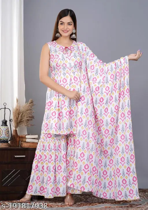 Rayon embroidered kurta sharara & dupatta set, sleeveless Indian fashion in vibrant hues. Women's traditional attire on mannequin